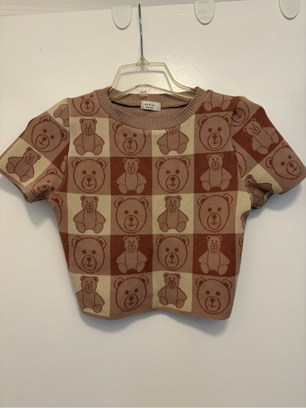 Cream and brown Brown Teddy Bear short Short-Sleeve Sweater Top